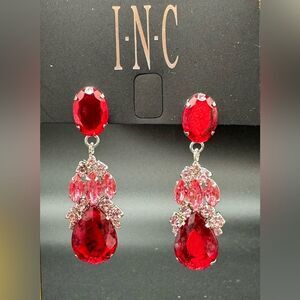 INC Silver Tone Red Crystal Post Dangle Earnings